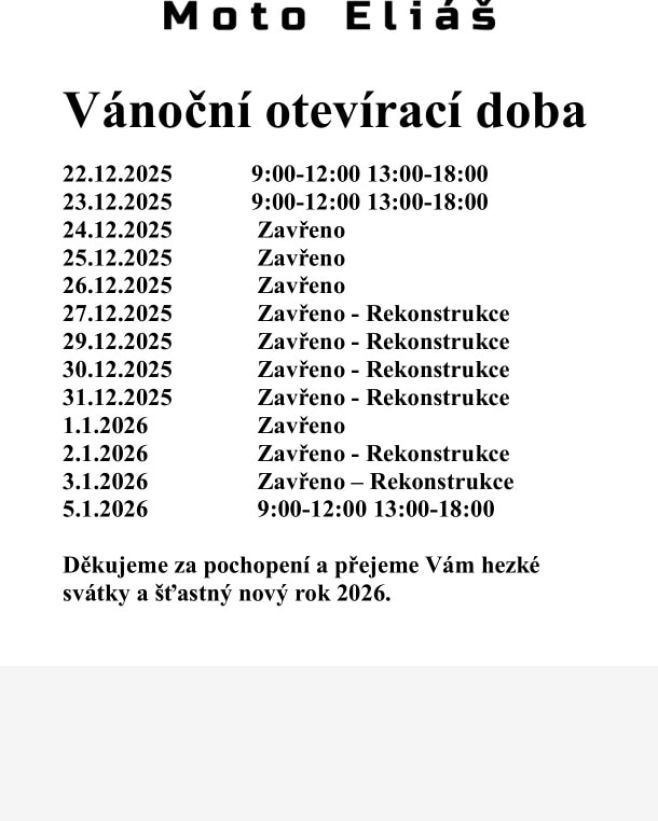 Vážení zákazníci z důvodu rekonstrukce a zvětšování našeho showroomu bude mezi svátky naše prodejna zavřená viz rozpis....